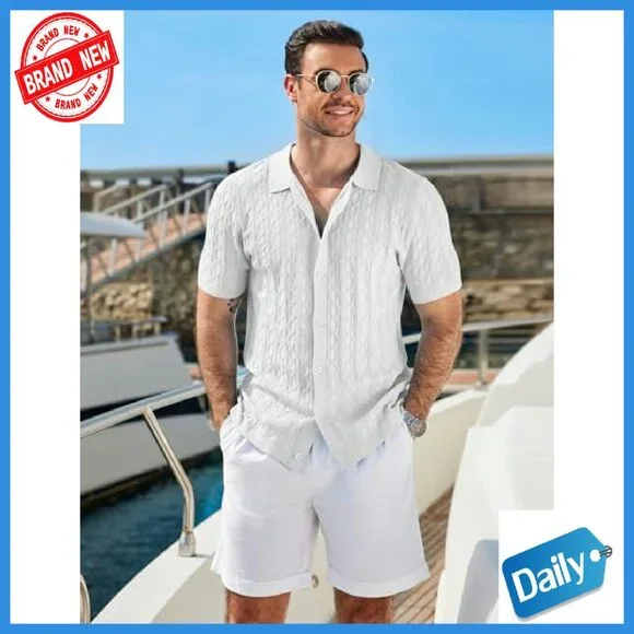 Men's Knit Short Sleeve Button Down Polo Shirt Vintage Cable Casual - Picture 4 of 8